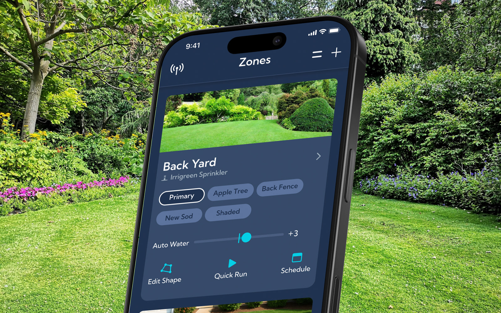 smart phone displaying the Irrigreen app's zones page for total control of your smart sprinklers schedule and watering zones