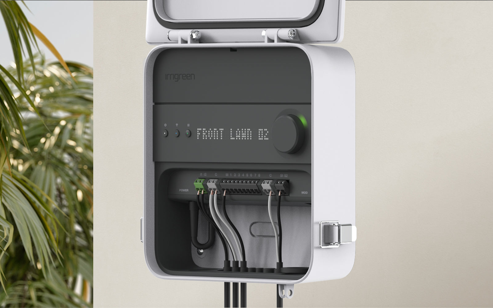 Irrigreen smart controller 3 open displaying Control for 16 Irrigreen devices,
8 external zones,
1 master valve, and 2 sensors