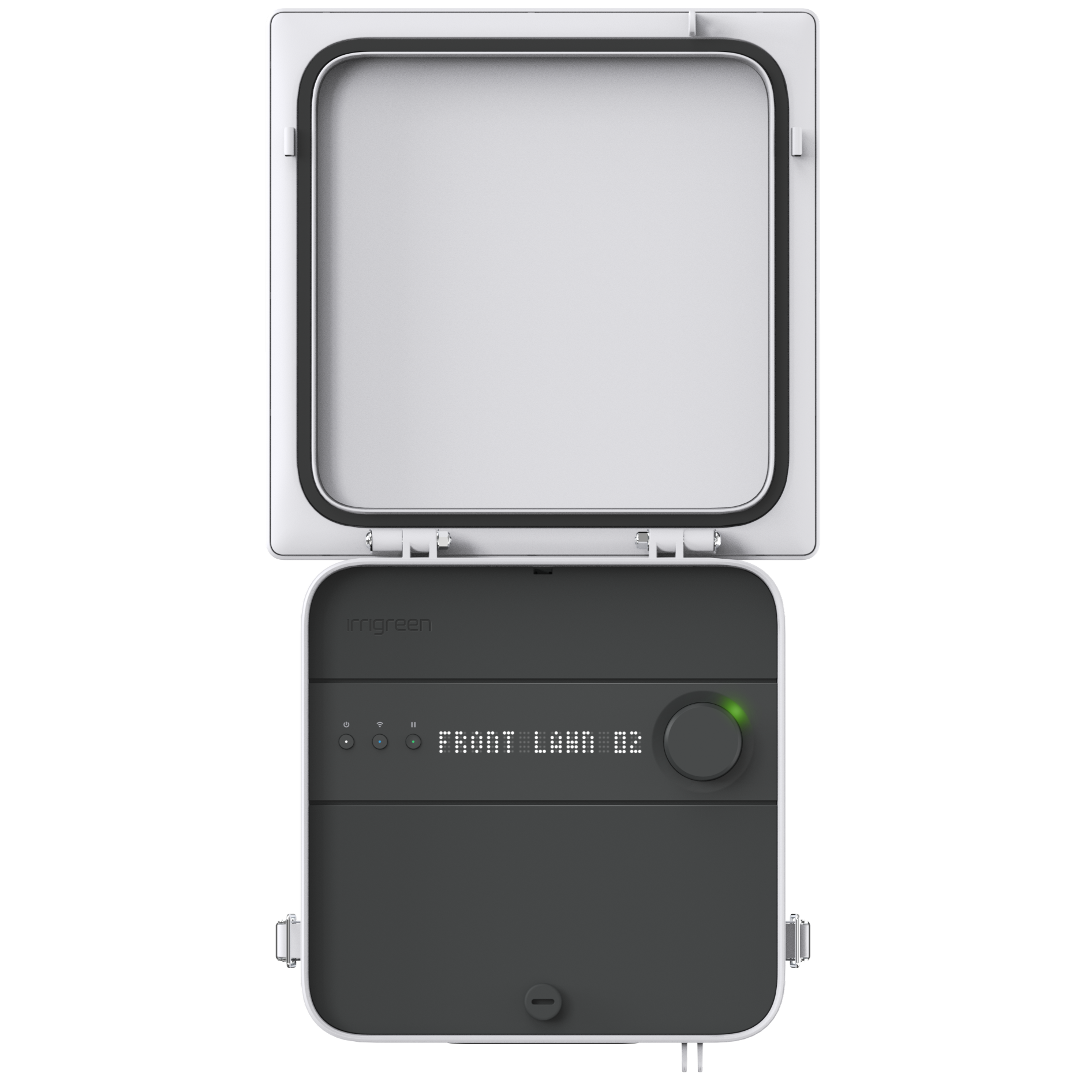 An Irrigreen Smart Controller 3 with a white control box and black base, featuring a smart-touch control panel and Amazon Alexa voice command functionality.