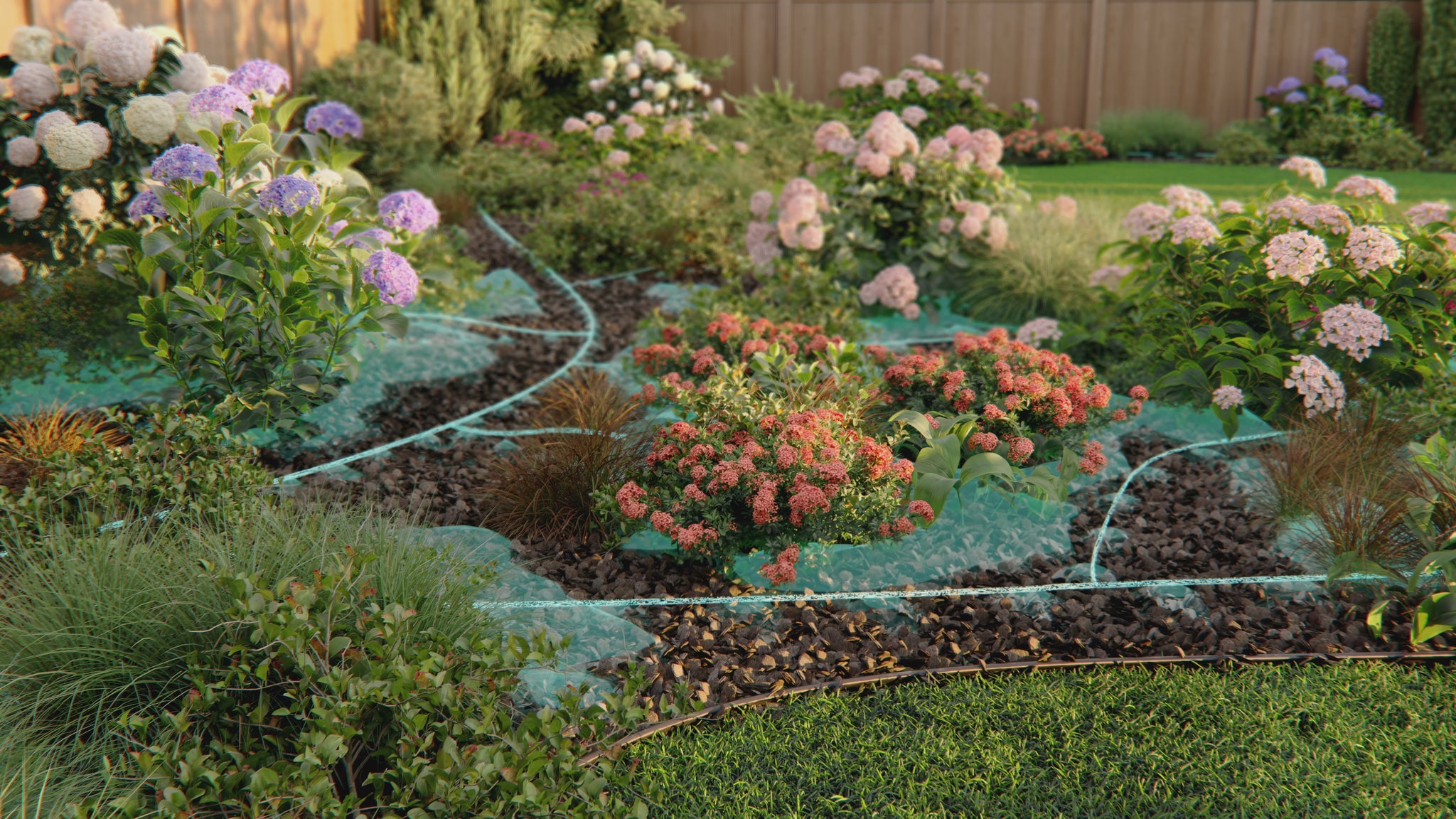 Render of smart drip irrigation system watering flower garden with targeted water delivery.