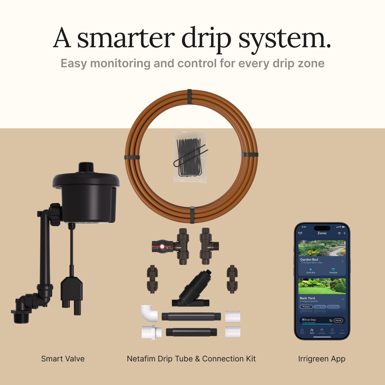 Smart irrigation system components including a smart valve, Netafim drip tube & connection kit, and Irrigreen app.
