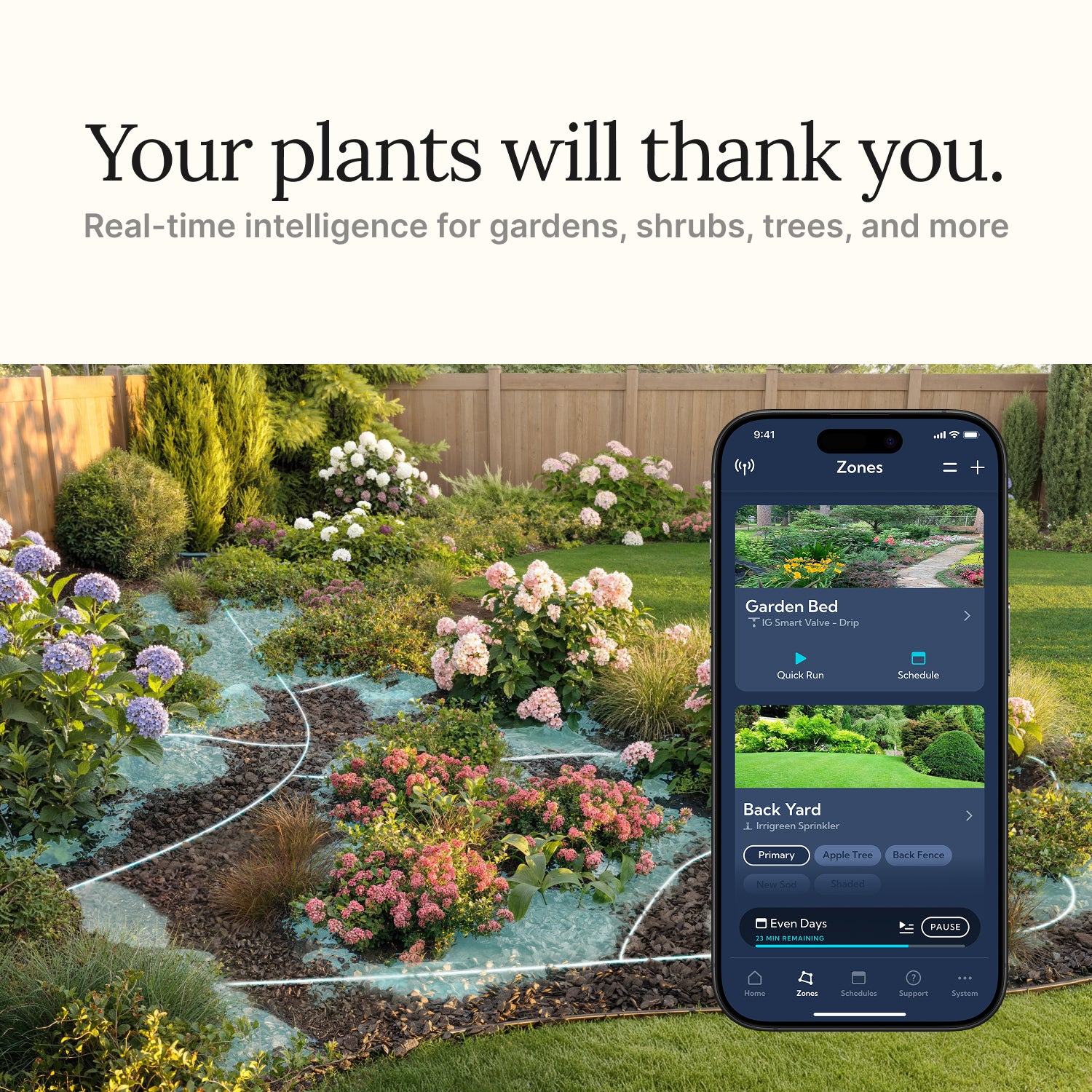Garden with flowers and a smartphone app displaying garden management interface.