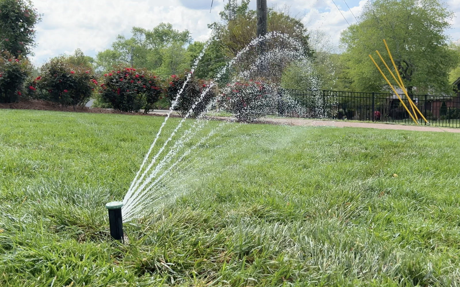 review image of 16-port Irrigreen smart sprinkler head spraying streams of water on green lawn